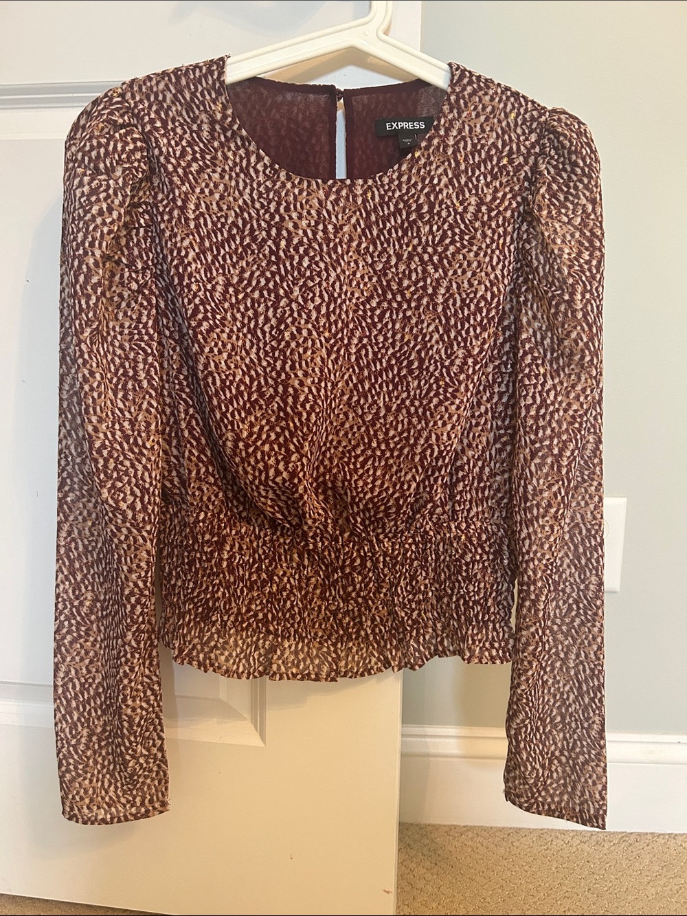 Express Burgundy Printed Long-Sleeve Peplum Blouse